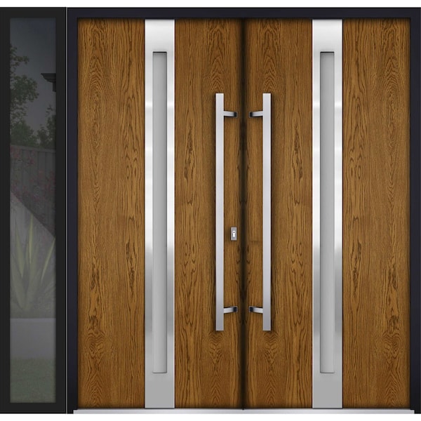 Vdomdoors Metal Double Doors Deux 1744 Natural Oak Frosted Glass 1 Sidelight Entry Modern Painted 84x96 (W72+ DEUX1744DEXD-OAKB-W72+12xH96-RH-I - main
