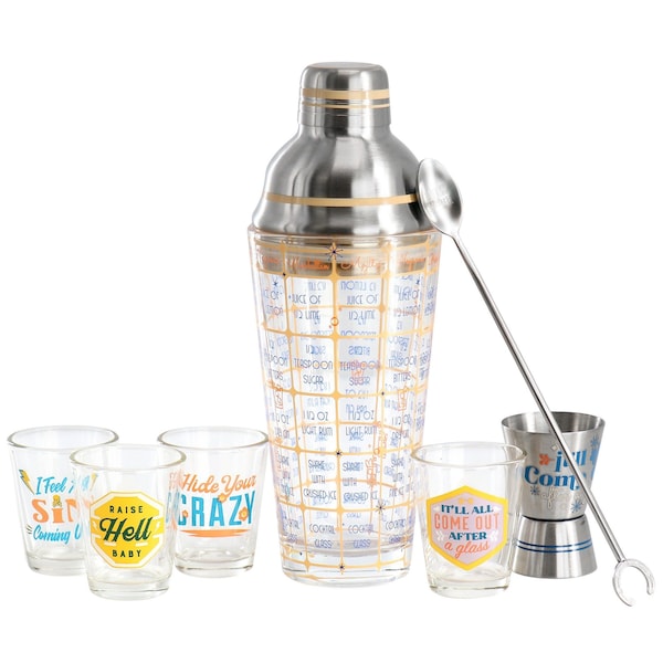 Wanda June Home Bordertown Buzz 7 Piece Glass Bar Collection with Drink Recipe Shaker Set in Tan 139049.07R - main