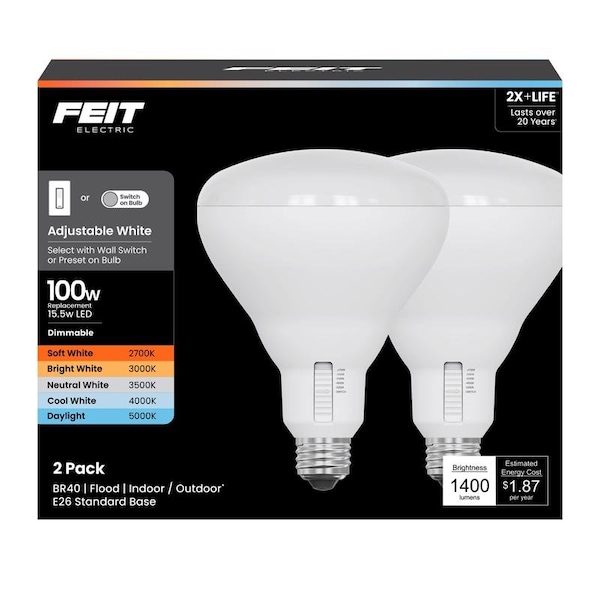 Feit Electric BR40 E26 Medium LED Bulb Adjustable White 100 Watt Equivalence, 2PK BR40100DM/6WY/2 - main