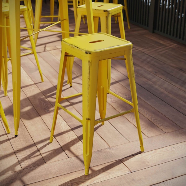 Flash Furniture 4PK 30"H Backless Distressed Yellow Metal Barstool 4-ET-BT3503-30-YL-GG - main