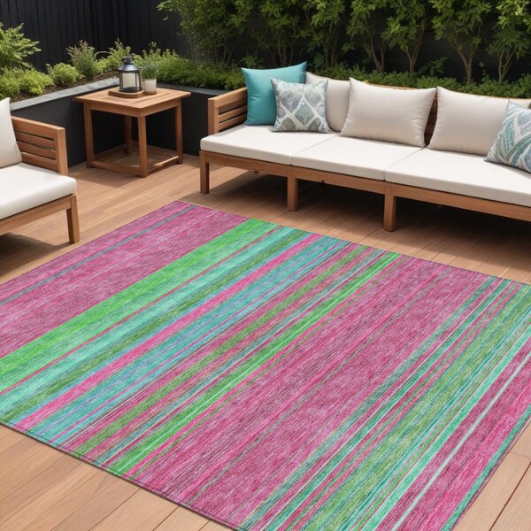 Homeroots 9' X 12' Blush Lime Green And Teal Blue Striped Washable Indoor Outdoor Area Rug 614801 - main