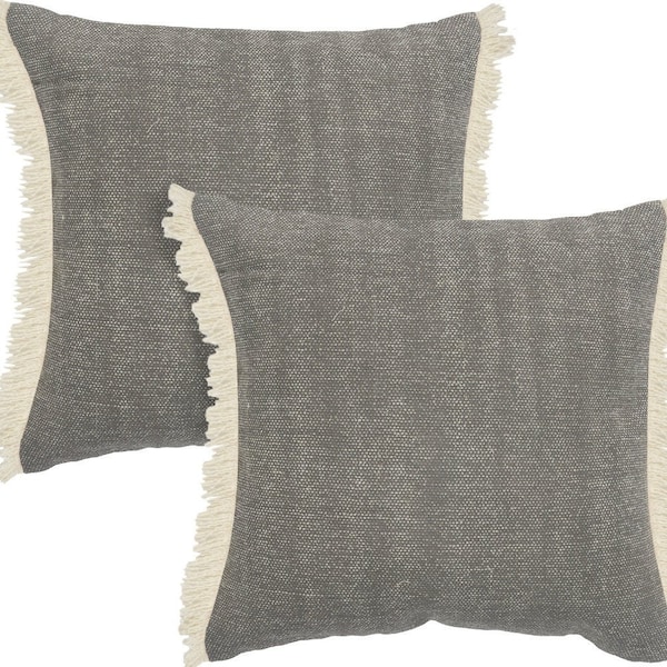 Homeroots Set of Two 20" Gray And Off White Cotton Throw Pillows with Fringe, 2PK 588358 - main