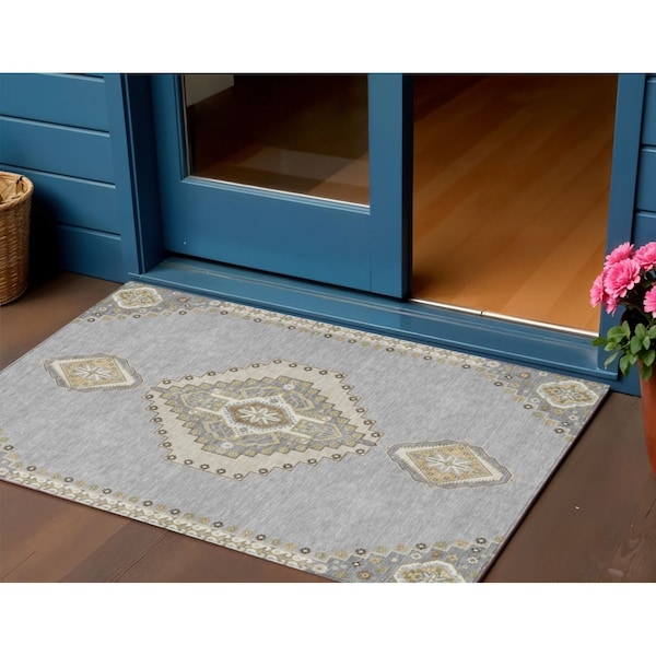 Homeroots 3' X 5' Gray Beige And Ivory Oriental Washable Indoor Outdoor Area Rug 598412 - main