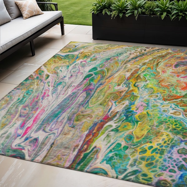 Homeroots 5' X 8' Green Gold And White Abstract Washable Indoor Outdoor Area Rug 577939 - main