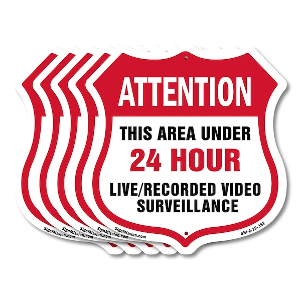 Signmission 24 Hour Surveillance Shield Sign Attenti, 12 inch X 12 inch, Aluminum Metal Sign, 5PK SHI-A-5Pack-12-351 - main