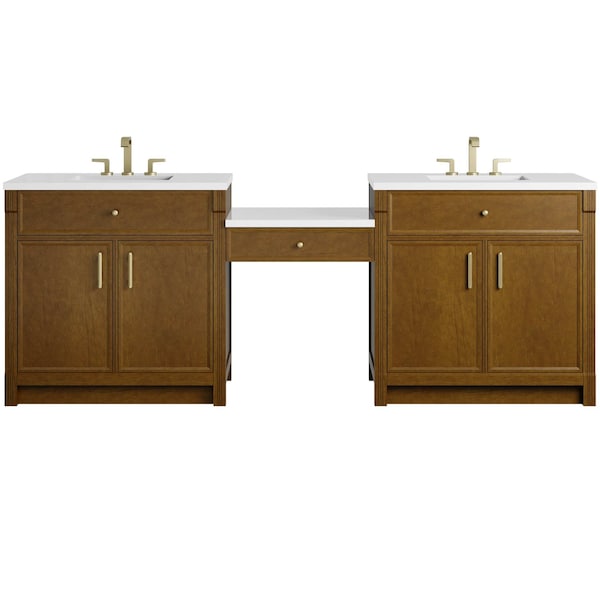 James Martin Vanities Bellshire 96" Dual Vanity Set with 24" Make-Up Counter, Honey Oak w/3 cm White Zeus Silestone Top 660-VMC96-HNO-3WZ - main