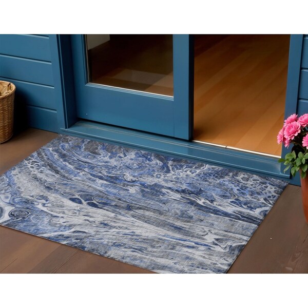 Homeroots 3' X 5' Denim Blue And Navy Blue Abstract Washable Indoor Outdoor Area Rug 577926 - main