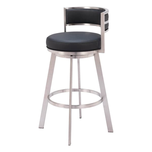 Homeroots 31" Black And Silver Faux Leather And Stainless Steel Low Back Bar Height Swivel Bar Chair 555769 - main
