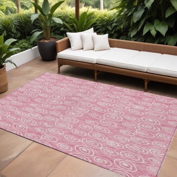 Homeroots 9' X 12' Pink And Ivory Geometric Washable Indoor Outdoor Area Rug 583382 - main