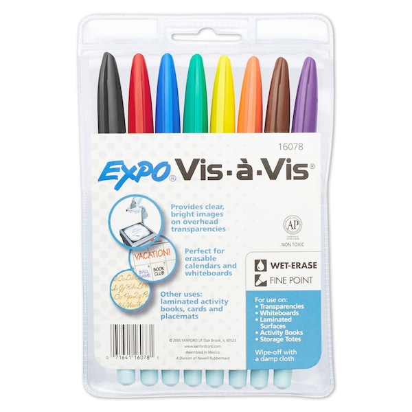 Expo Vis-à-Vis Wet Erase Marker, Fine Bullet Tip, Assorted Colors, PK8 16078 - main