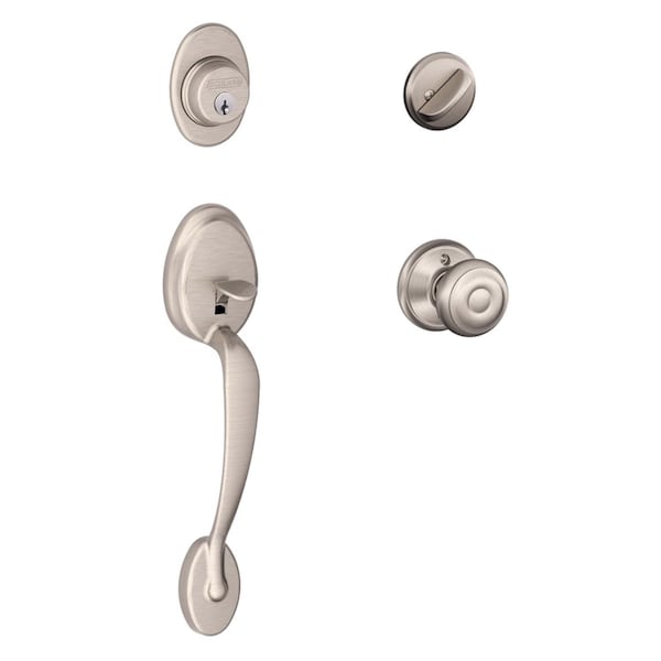 Schlage Plymouth, Georgian Satin Nickel Handleset Right or Left Handed F60GPLY619GEO - main