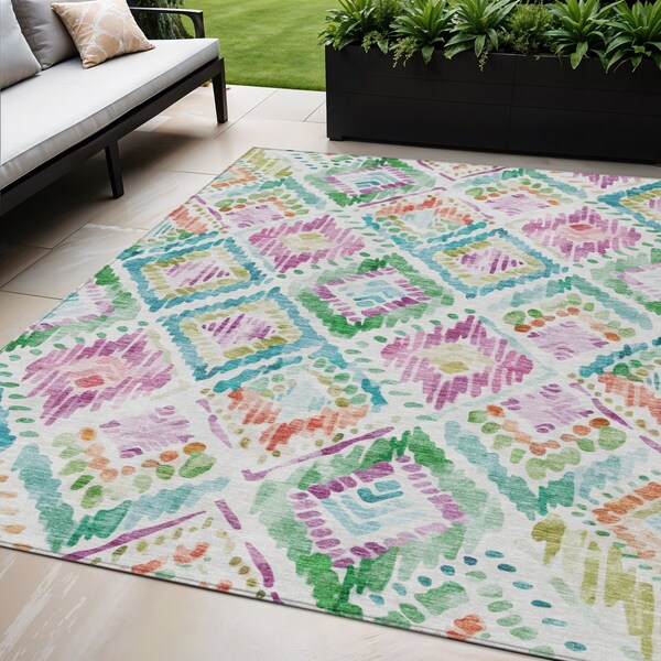 Homeroots 5' X 8' Teal Blue Green And Purple Geometric Washable Indoor Outdoor Area Rug 603485 - main