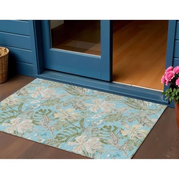 Homeroots 3' X 5' Teal Blue Olive Green And Beige Botanical Leaves Washable Indoor Outdoor Area Rug 618412 - main