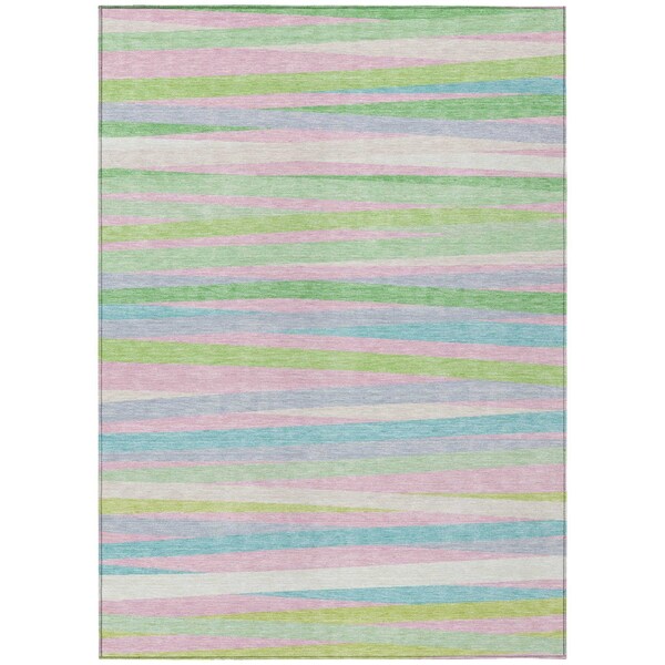 Homeroots 8' X 10' Mint Green Pink And Blue Striped Washable Indoor Outdoor Area Rug 597340 - main
