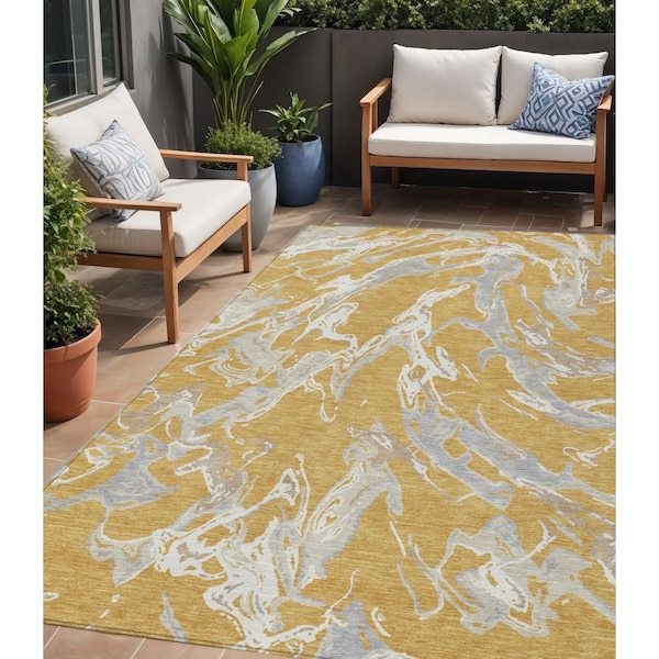 Homeroots 5' X 8' Gold Gray And Ivory Abstract Washable Indoor Outdoor Area Rug 600085 - main