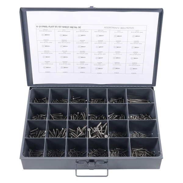 Zoro Select Tapping Screw Assortment, #6 to #14 x Plain Finish, Stainless Steel, Flat Head Phillips Drive JBDL24GFA25 - main