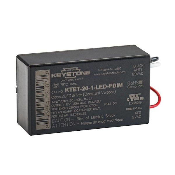 Keystone 20W Low Voltage Transfomer, LED Specific, 120V Input, 12V Output, Class 2, Phase Dimmable KTET-20-1-LED-FDIM - main