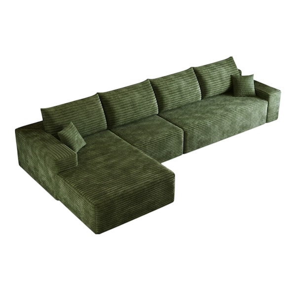 Homeroots 135" Green Corduroy Modular Compression Foam Sofa With Toss Pillows 712973 - main