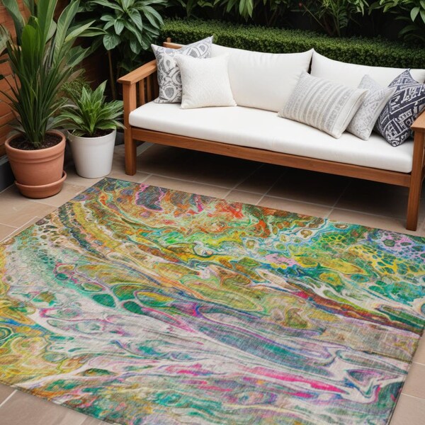 Homeroots 9' X 12' Green Gold And White Abstract Washable Indoor Outdoor Area Rug 577942 - main