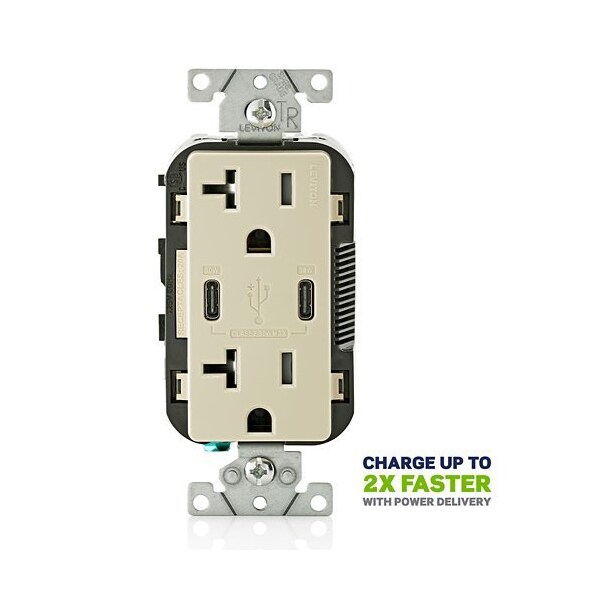 Leviton Duplex Outlet, USB C, Ivory 20A, 125V T5835-I - main