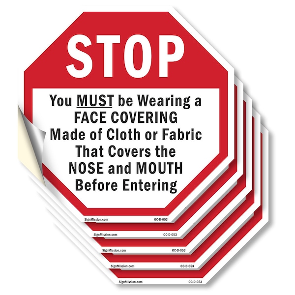 Signmission Stop You Must Be Wearing a Face Cov, 4 inch X 4 inch, Vinyl Decal, 5PK OC-D-5PACK-4-53 - main