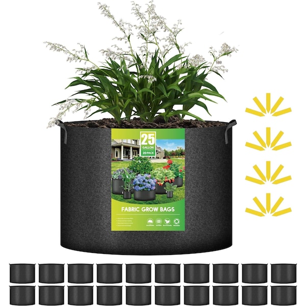 Ipower 25 Gallon Grow Bags 300G Thickened Sturdy Plant Fabric Pots with 20 Labels, Black, 20PK GLGROWBAG25X5BLKV5X4 - main