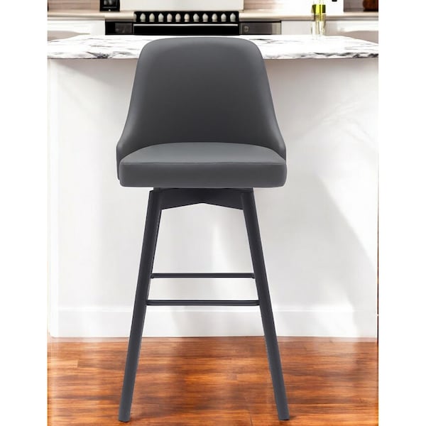Homeroots 30" Gray and Black Faux Leather with Solid Wood Swivel Bar Height Bar Chair 534482 - main