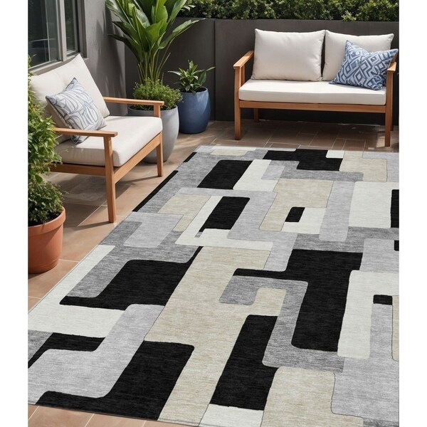 Homeroots 5' X 8' Black Ivory And Beige Geometric Washable Indoor Outdoor Area Rug 613194 - main
