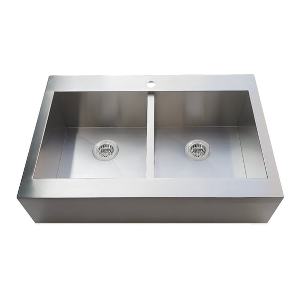 Kingston Brass 33-Inch Stainless Steel Apron-Front Double Bowl Farmhouse Kitchen Sink, 1-Hole with Strainer KGKTDF3324911 - main