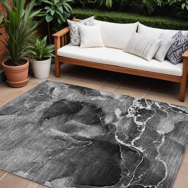 Homeroots 8' X 10' Black Gray And White Abstract Washable Indoor Outdoor Area Rug 559448 - main