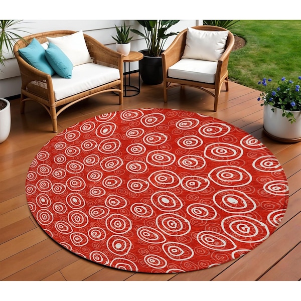 Homeroots 8' Red And Ivory Round Geometric Washable Indoor Outdoor Area Rug 583386 - main