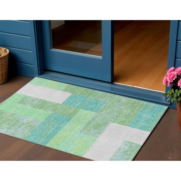 Homeroots 3' X 5' Sage Mint Green Teal Blue And Ivory Geometric Washable Indoor Outdoor Area Rug 612382 - main
