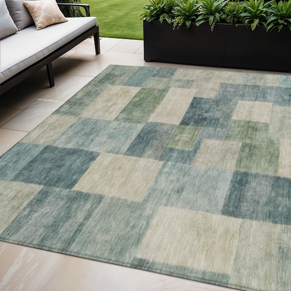 Homeroots 5' X 8' Blue Geometric Washable Indoor Outdoor Area Rug 608263 - main
