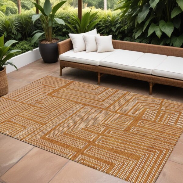 Homeroots 9' X 12' Copper And Ivory Geometric Washable Indoor Outdoor Area Rug 600856 - main