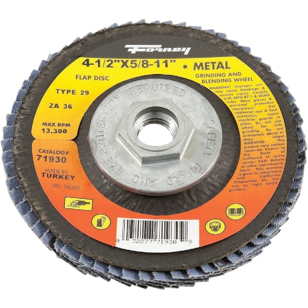 Forney 4-1/2'' 5/8''-11 36-Grit Type 29 Blue Zirconia Angle Grinder Flap Disc 71930 - main