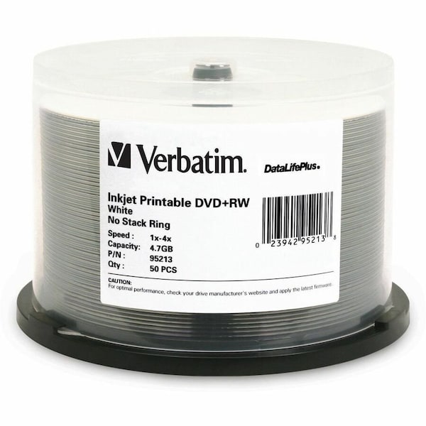 Verbatim DVD+RW 4.7GB 4X DataLifePlus White Inkjet Printable - 50pk Spindle - Inkjet Printable 95213 - main
