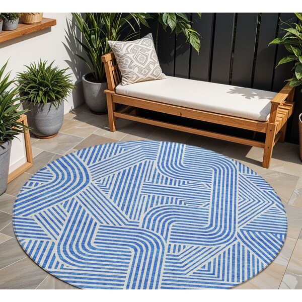 Homeroots 8' Blue And Ivory Round Abstract Washable Indoor Outdoor Area Rug 594919 - main