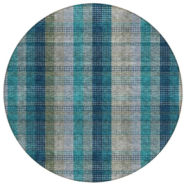 Homeroots 8' Teal Blue Navy Blue And Olive Green Round Plaid Washable Indoor Outdoor Area Rug 614019 - main