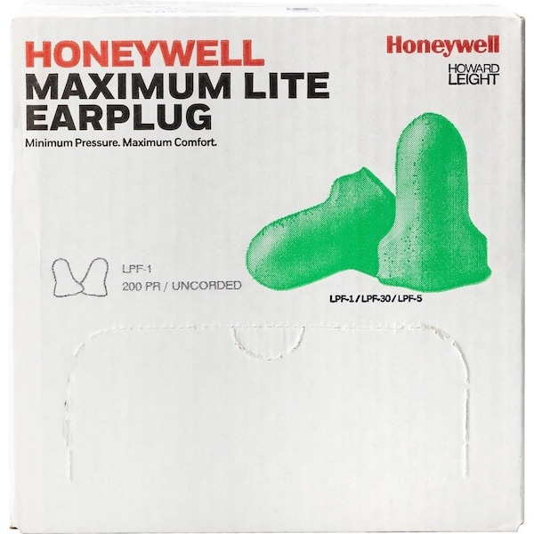 Howard Leight MAXIMUM LITE Disposable Foam Ear Plugs, Contoured-T Shape, 30 dB, Green, 200 PK LPF-1 - main