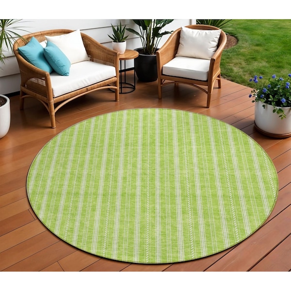 Homeroots 8' Lime Green And Ivory Round Striped Washable Indoor Outdoor Area Rug 595879 - main