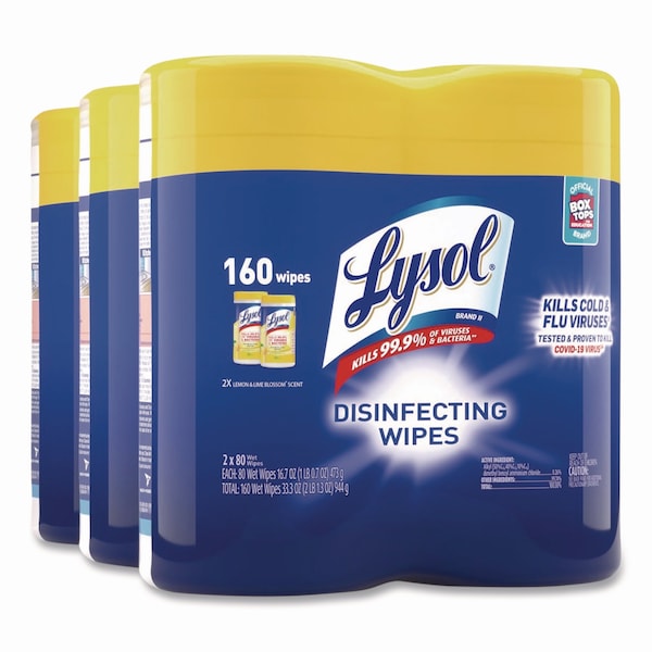 Lysol Disinfecting Wipes, 1-Ply, 7 x 7.25, Lemon and Lime Blossom, White, 80 Wipes/Canister, PK6 19200-80296 - main