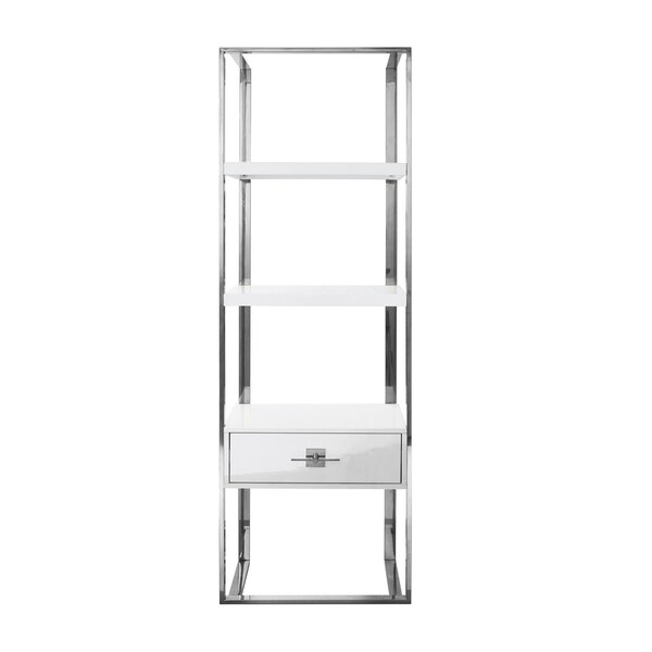 Homeroots 71" White Stainless Steel and Wood Three Tier Etagere Bookcase with A Drawer 544736 - main