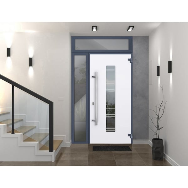 Vdomdoors Steel Door Deux 5755 Gray Graphite Sidelight and Transom Window Stainless Inserts Single Modern Pai DEUX5755EXD-GRE-W36+12 x H80+16-Left-hand Inswing - main