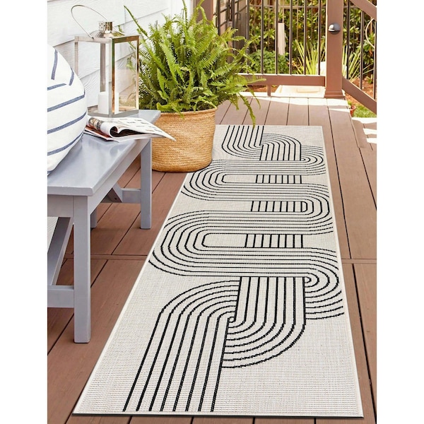 World Rug Gallery Modern Abstract Lines Weather Resistant Reversible Indoor/Outdoor Rug 2 ft x 7 ft Black WR110BLACK2X7 - main