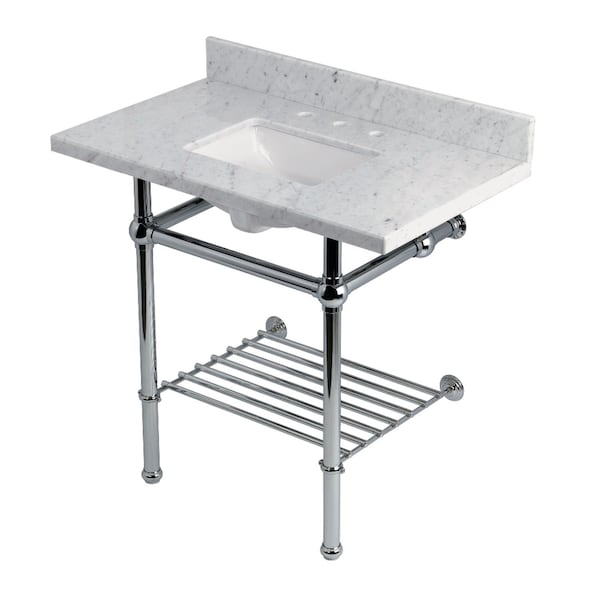 Kingston Brass 36-Inch Carrara Marble Console Sink with Brass Legs and Shelf, 8-Inch, 3-Hole KVPB36MBSQB1 - main