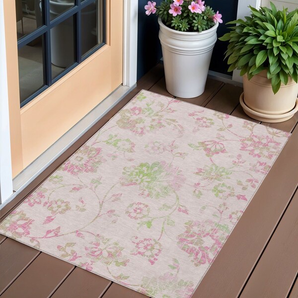 Homeroots 3' X 5' Pink Blush And Artichoke Green Floral Washable Indoor Outdoor Area Rug 589488 - main