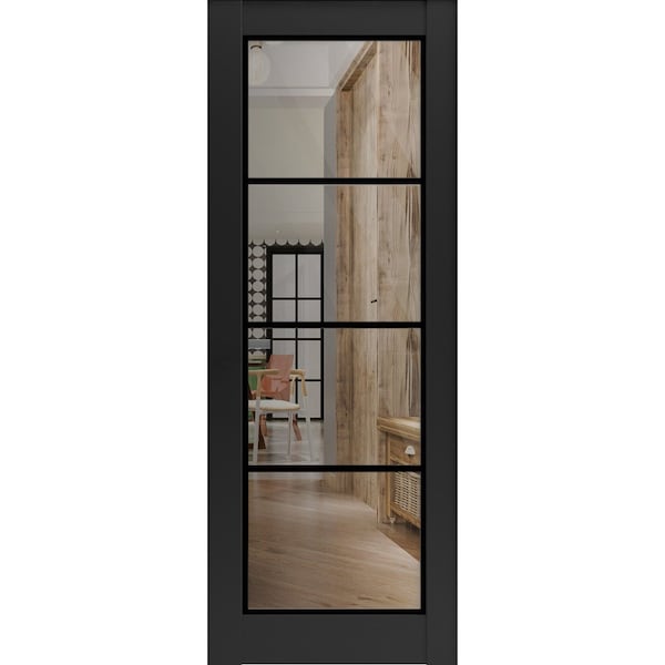 Sartodoors Slab Barn Door Panel Clear Glass, Lucia 2466 Matte Black and Aluminum Strips, Sturdy Finished Door LUCIA2466S-BLK-36 x 80 - main