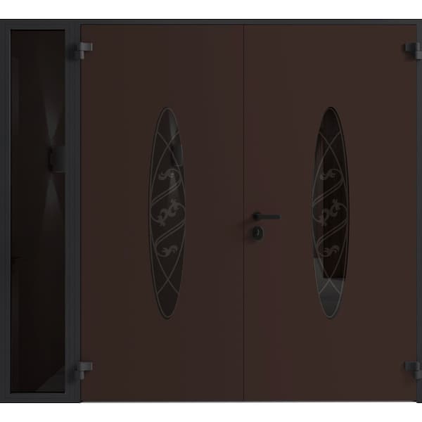 Vdomdoors Front Exterior Prehung Aluminum Double Doors Ronex1277 Brown 1 Sidelight Mirrored Clear Glass 1 RONEX1277DEXD-BRW-W72+12xH96-LH-O - main