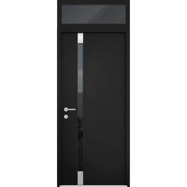 Vdomdoors Steel Door Cynex 6777 Black Transom Window Stainless Inserts Single Modern Painted-W36xH80+16-Right CYNEX6777EXD-BLK-W36 x H80+16-Right-hand Inswing - main
