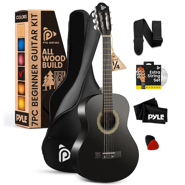 Pyle Beginner Acoustic Guitar Kit, 1/4 Junior Size All Wood Instrument for Adults, Kids, 30 in Black PGACLS30BKMT - main